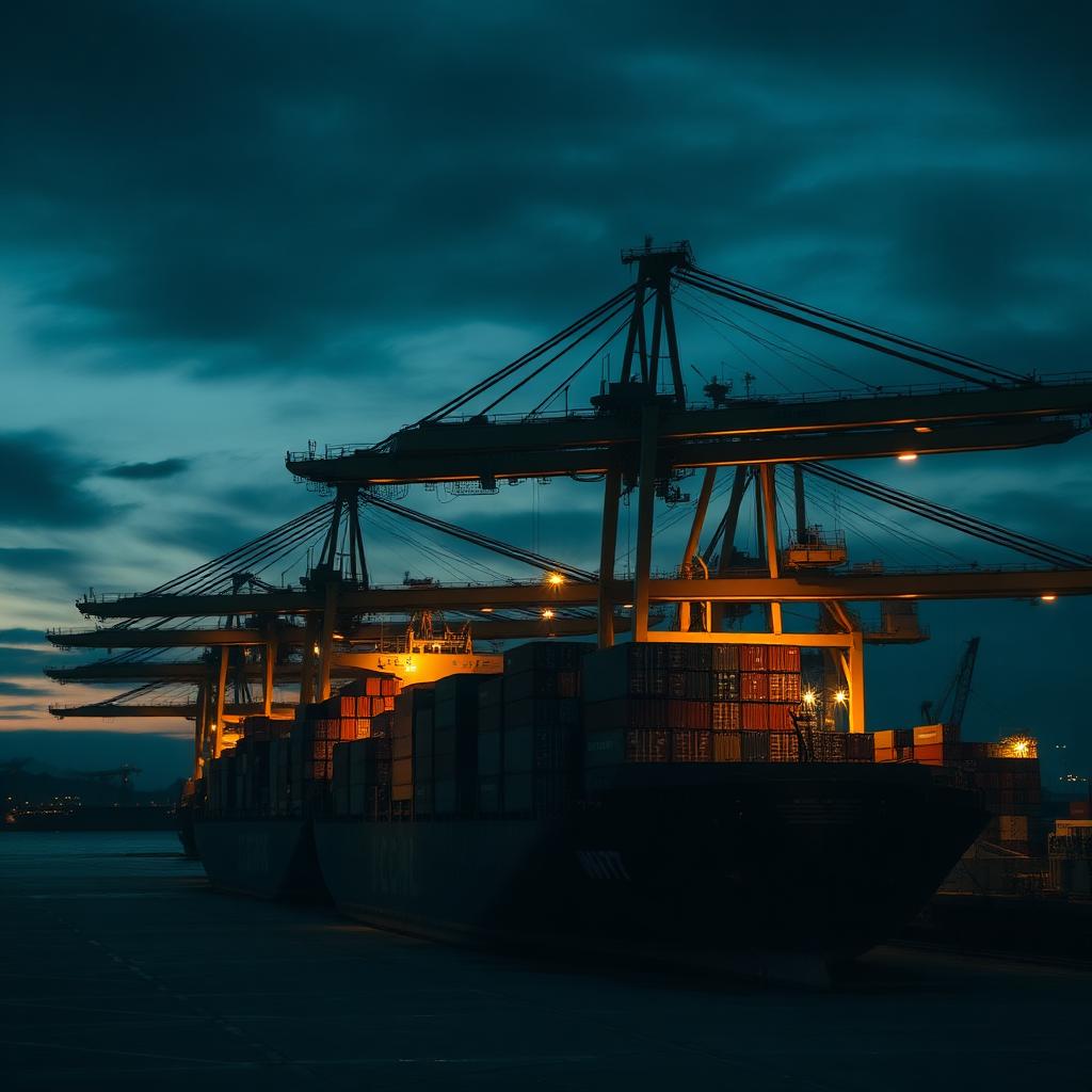 Container ship being loaded by gantry cranes at a shipping port